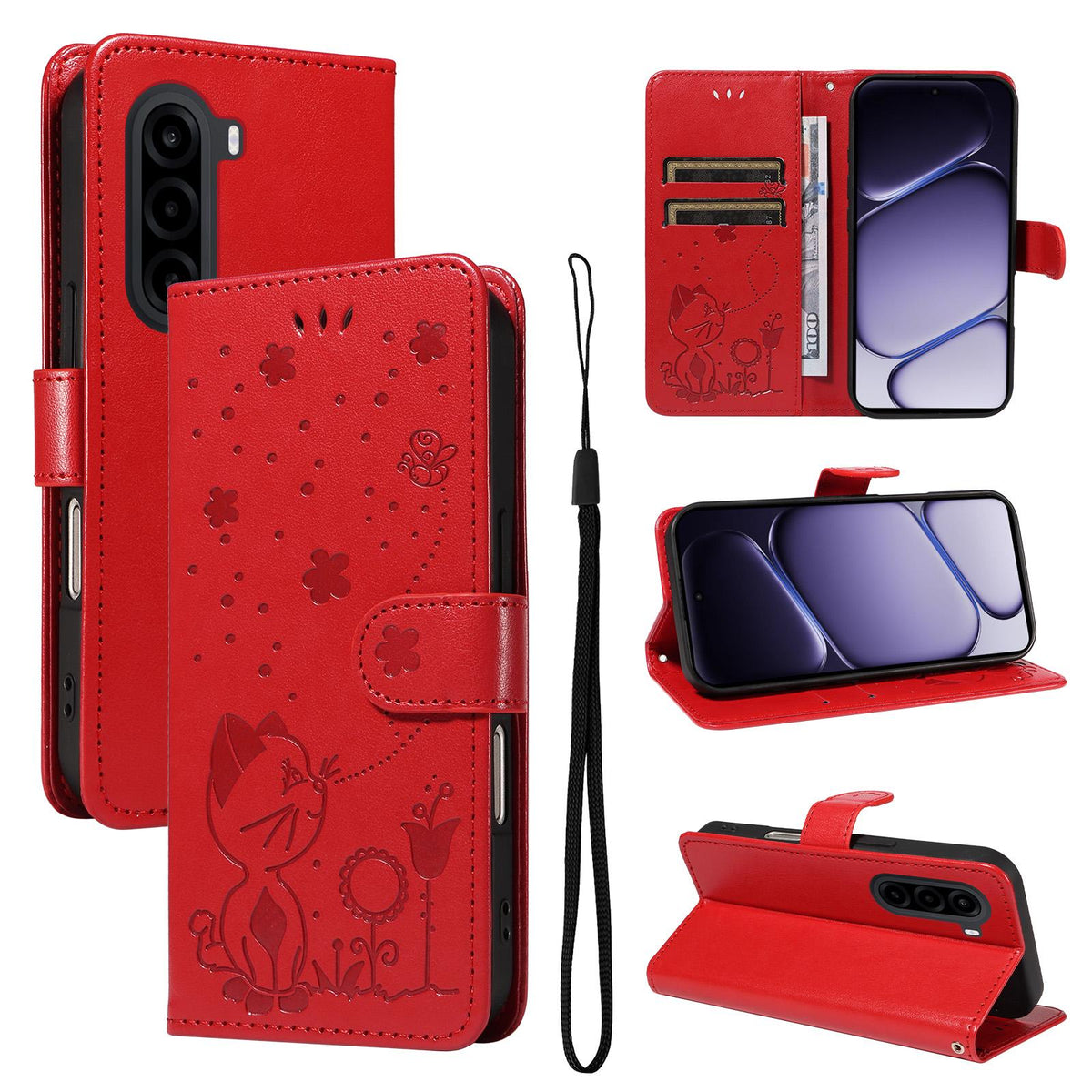 For OnePlus Nord CE6 Lite/Turbo 6X 5G Cat and Bee Embossed Flip Leather Phone Case - Red - EDA008492806A