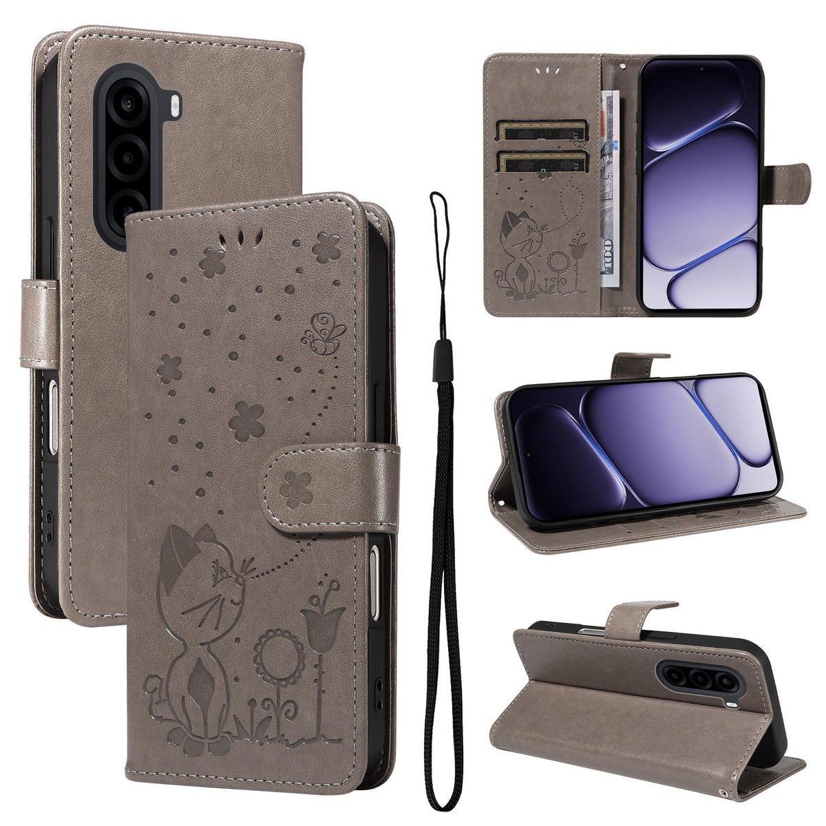 For OnePlus Nord CE6 Lite/Turbo 6X 5G Cat and Bee Embossed Flip Leather Phone Case - Grey - EDA008492806B