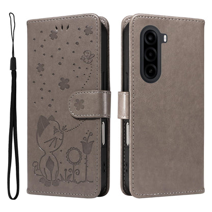 For OnePlus Nord CE6 Lite/Turbo 6X 5G Cat and Bee Embossed Flip Leather Phone Case - Grey - EDA008492806B