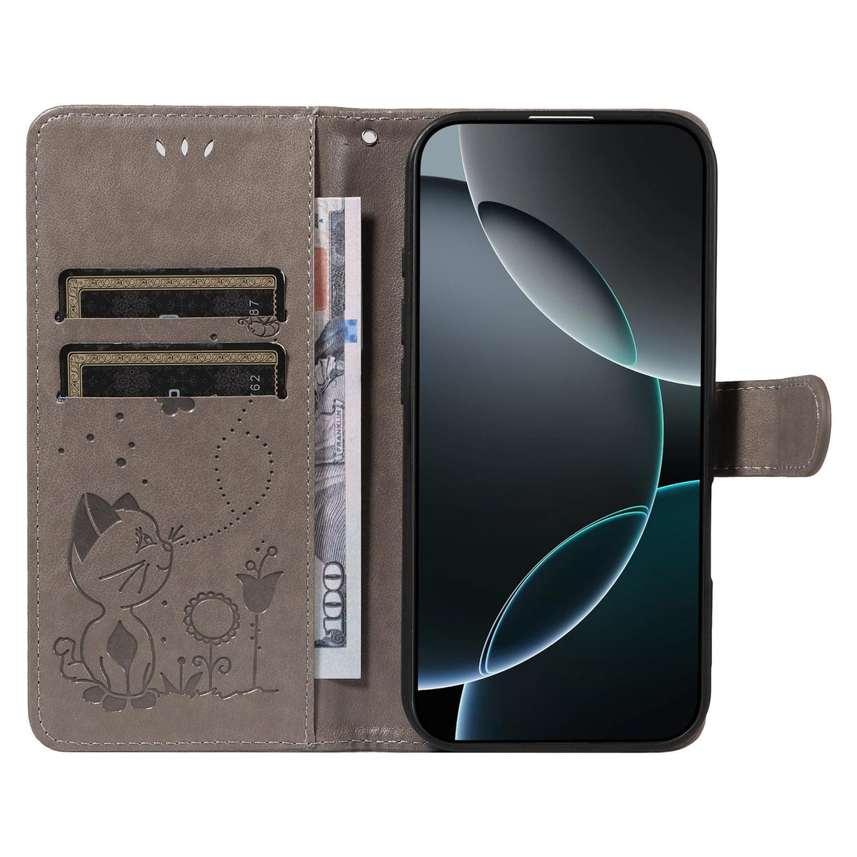 For OnePlus Nord CE6 Lite/Turbo 6X 5G Cat and Bee Embossed Flip Leather Phone Case - Grey - EDA008492806B