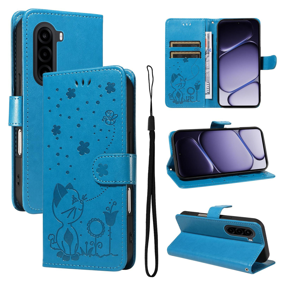For OnePlus Nord CE6 Lite/Turbo 6X 5G Cat and Bee Embossed Flip Leather Phone Case - Blue - EDA008492806C
