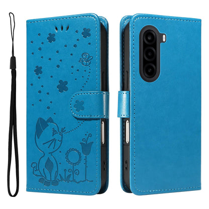 For OnePlus Nord CE6 Lite/Turbo 6X 5G Cat and Bee Embossed Flip Leather Phone Case - Blue - EDA008492806C