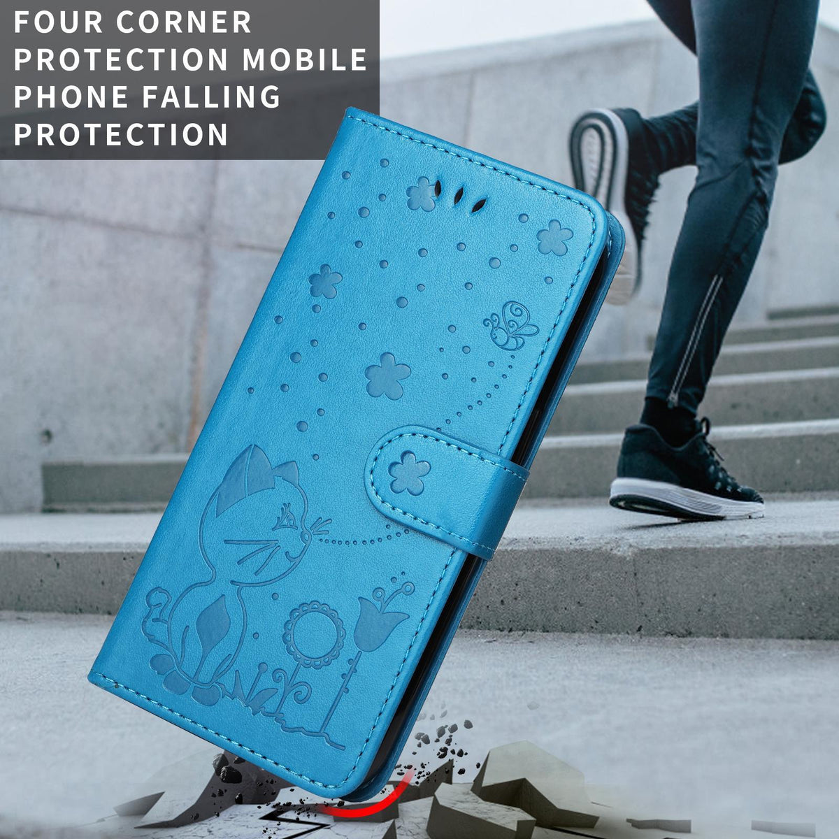 For OnePlus Nord CE6 Lite/Turbo 6X 5G Cat and Bee Embossed Flip Leather Phone Case - Blue - EDA008492806C