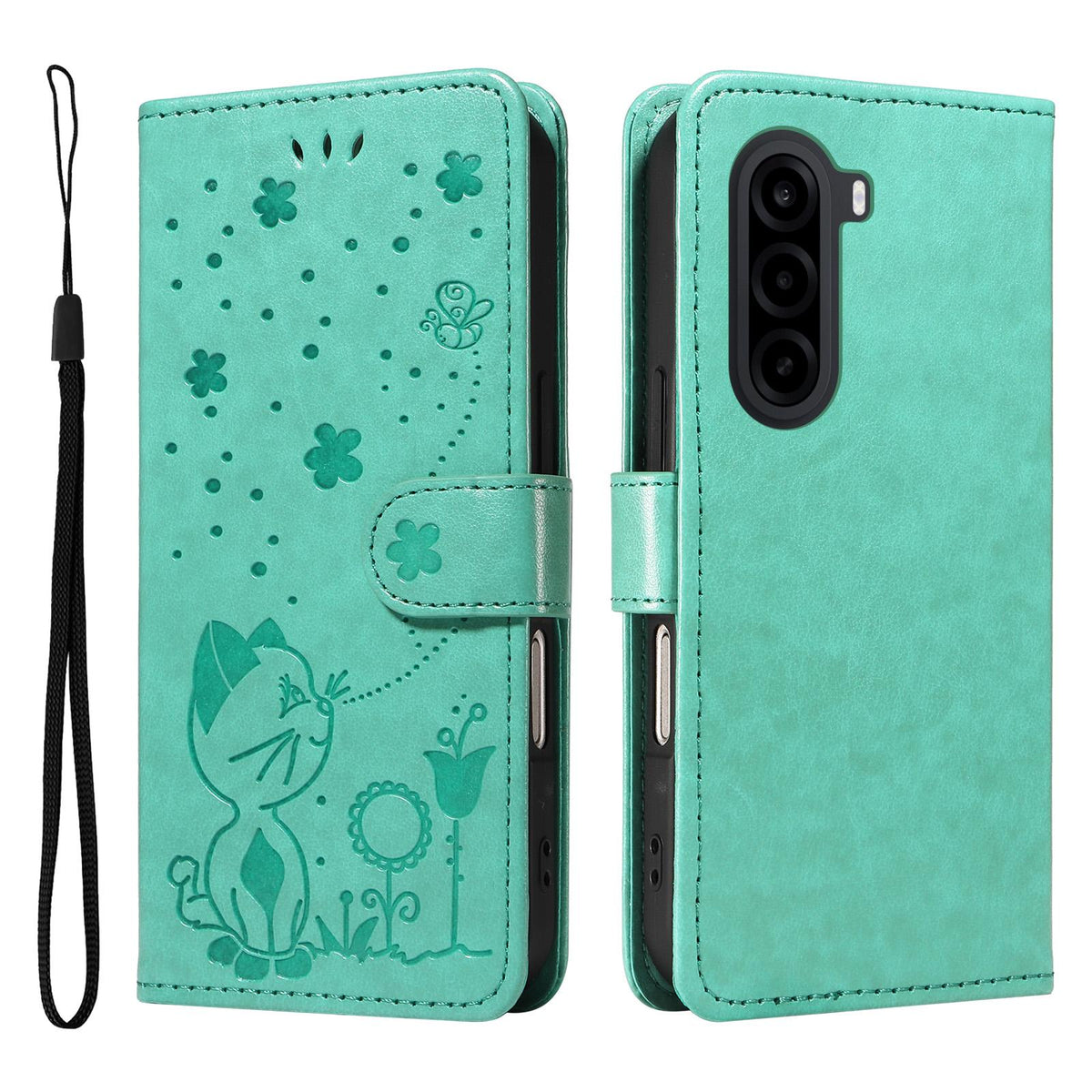 For OnePlus Nord CE6 Lite/Turbo 6X 5G Cat and Bee Embossed Flip Leather Phone Case - Green - EDA008492806D