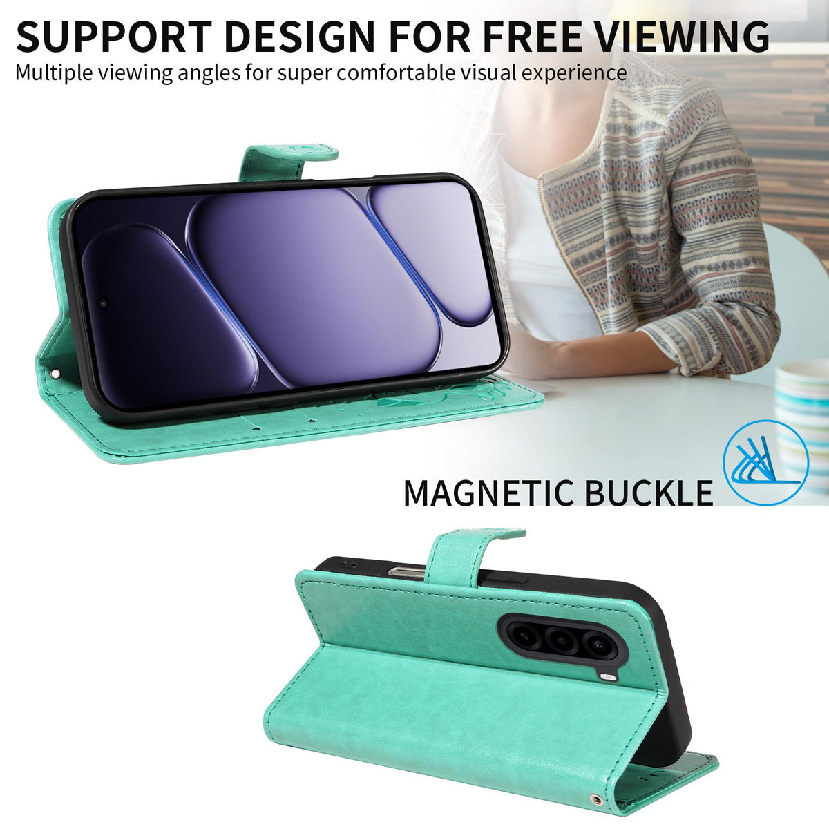 For OnePlus Nord CE6 Lite/Turbo 6X 5G Cat and Bee Embossed Flip Leather Phone Case - Green - EDA008492806D