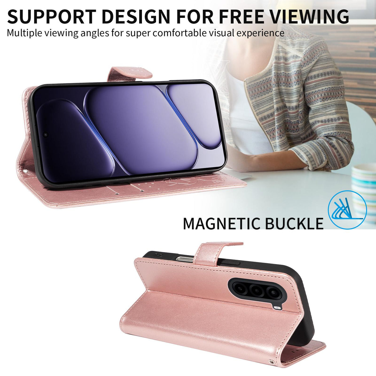 For OnePlus Nord CE6 Lite/Turbo 6X 5G Cat and Bee Embossed Flip Leather Phone Case - Rose Gold - EDA008492806E
