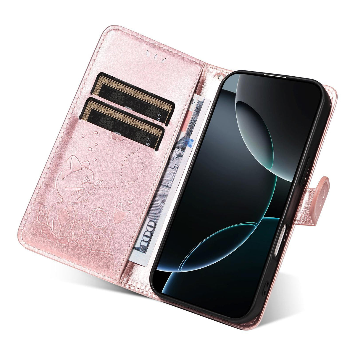For OnePlus Nord CE6 Lite/Turbo 6X 5G Cat and Bee Embossed Flip Leather Phone Case - Rose Gold - EDA008492806E