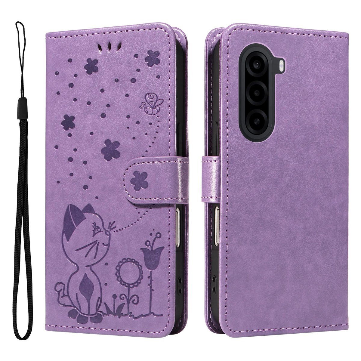 For OnePlus Nord CE6 Lite/Turbo 6X 5G Cat and Bee Embossed Flip Leather Phone Case - Purple - EDA008492806F