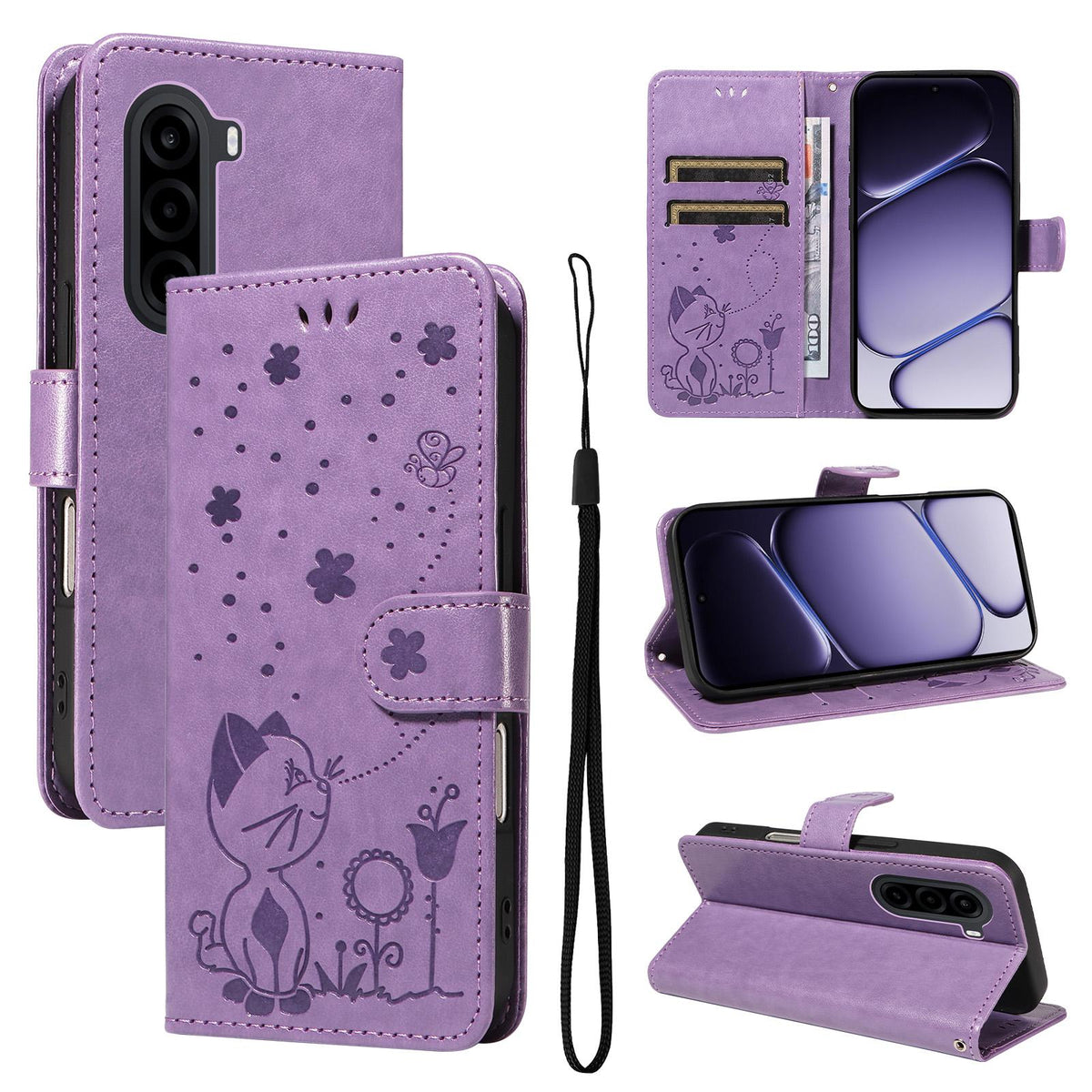 For OnePlus Nord CE6 Lite/Turbo 6X 5G Cat and Bee Embossed Flip Leather Phone Case - Purple - EDA008492806F