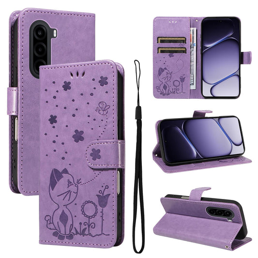 For OnePlus Nord CE6 Lite/Turbo 6X 5G Cat and Bee Embossed Flip Leather Phone Case - Purple - EDA008492806F