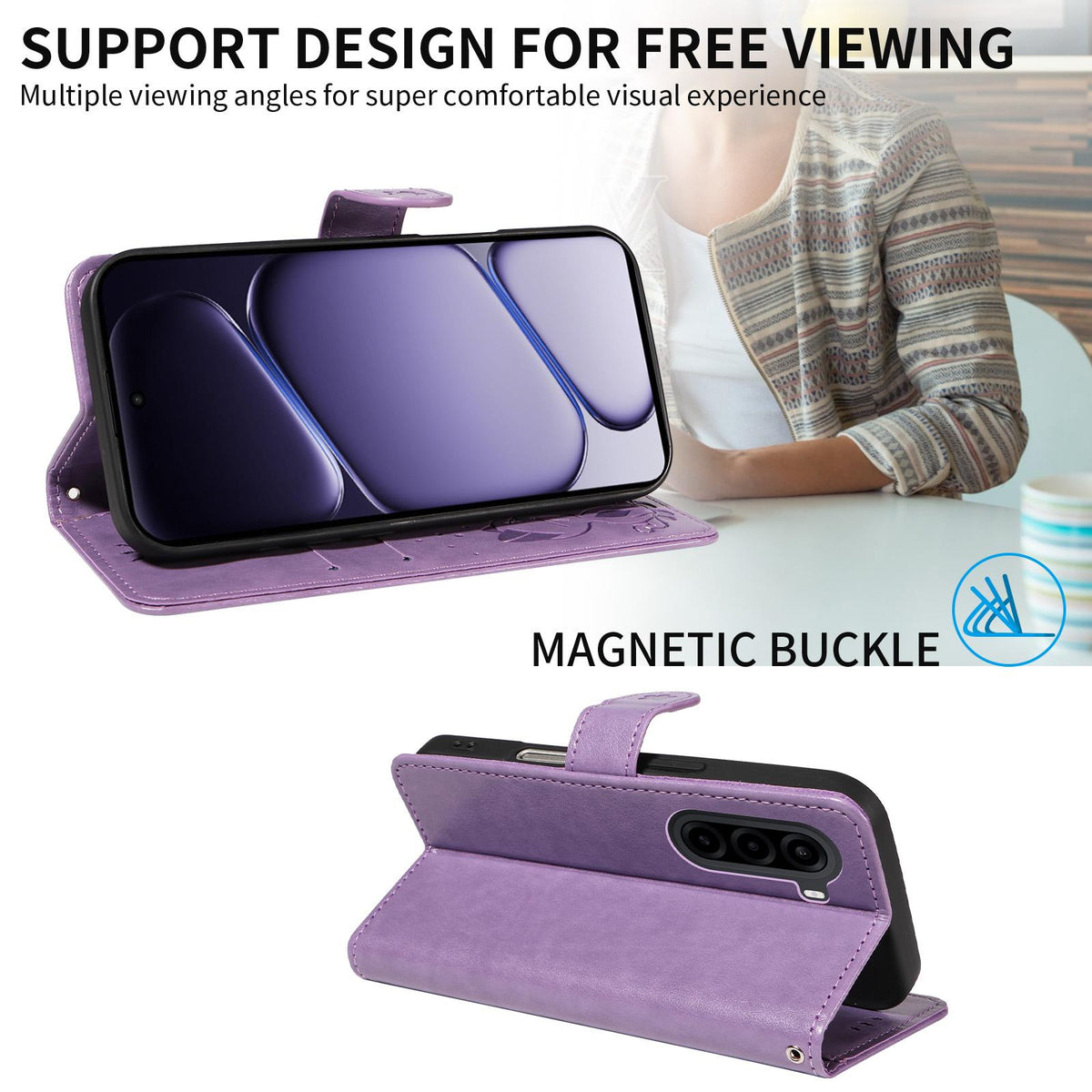 For OnePlus Nord CE6 Lite/Turbo 6X 5G Cat and Bee Embossed Flip Leather Phone Case - Purple - EDA008492806F