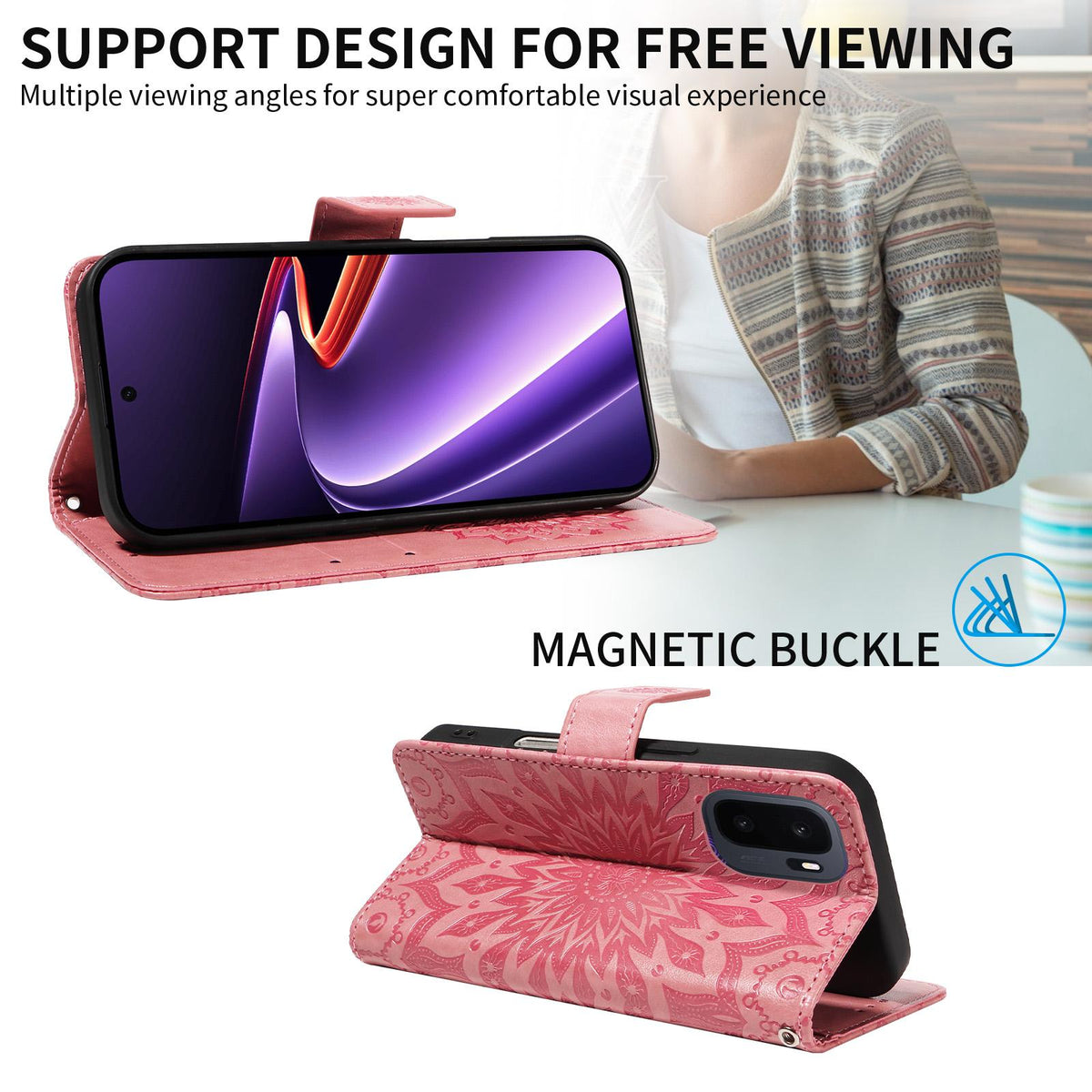 For OnePlus Ace 6 Ultra Embossed Sunflower Pattern Flip Leather Phone Case - Pink - EDA008493505A