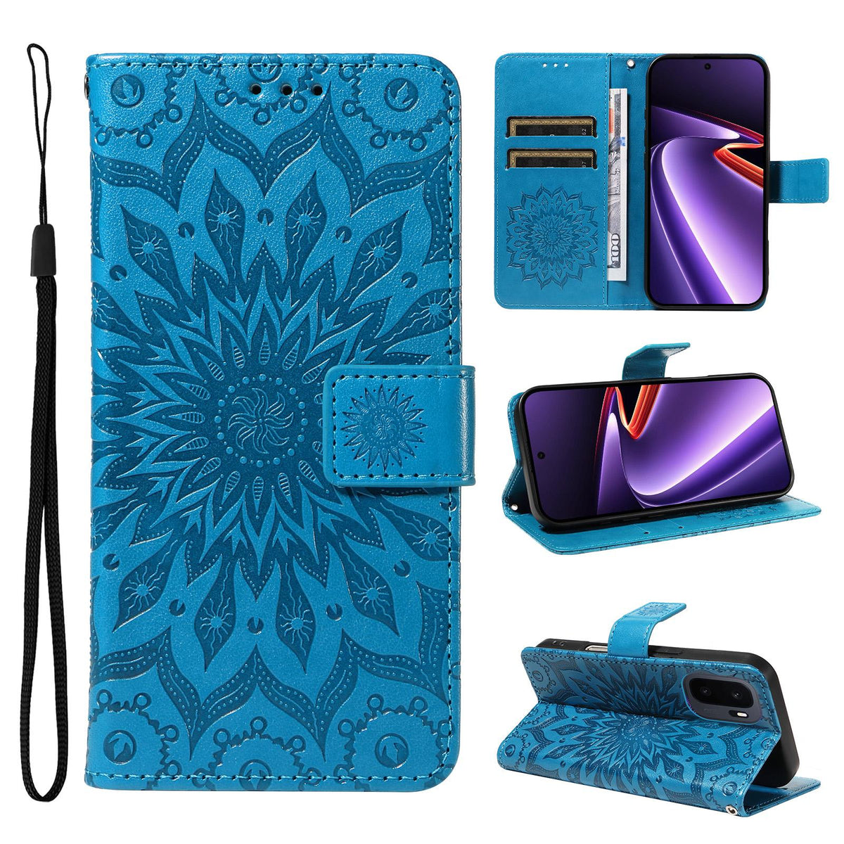 For OnePlus Ace 6 Ultra Embossed Sunflower Pattern Flip Leather Phone Case - Blue - EDA008493505B