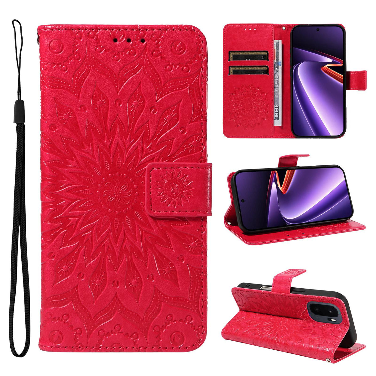 For OnePlus Ace 6 Ultra Embossed Sunflower Pattern Flip Leather Phone Case - Red - EDA008493505C