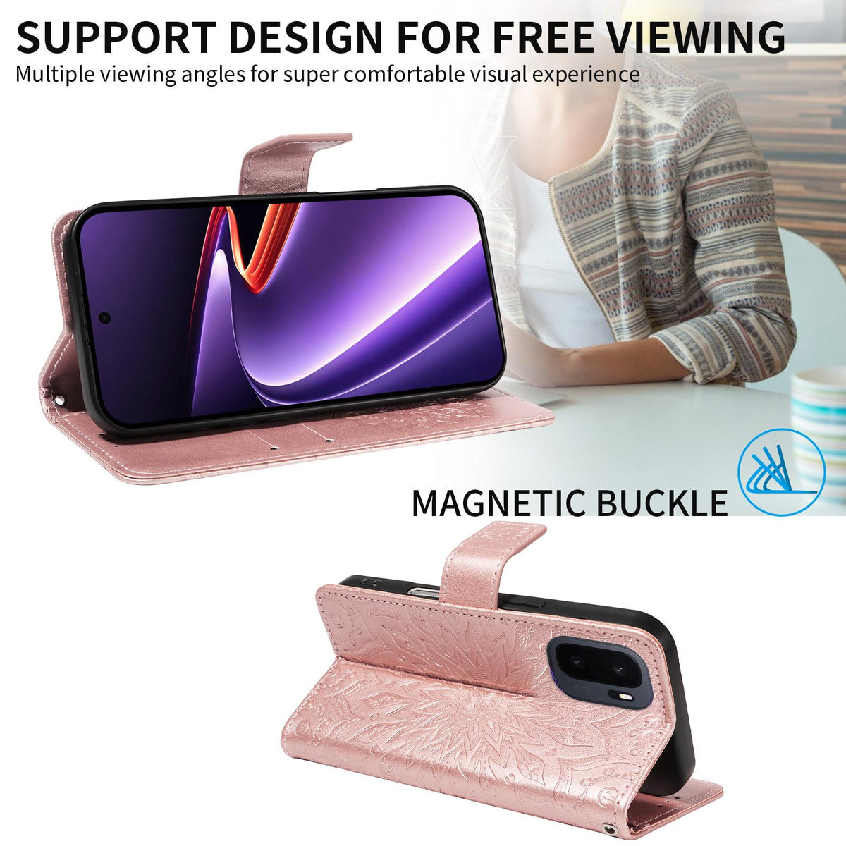 For OnePlus Ace 6 Ultra Embossed Sunflower Pattern Flip Leather Phone Case - Rose Gold - EDA008493505D