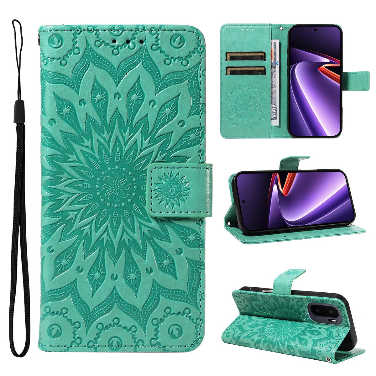 For OnePlus Ace 6 Ultra Embossed Sunflower Pattern Flip Leather Phone Case - Green - EDA008493505F