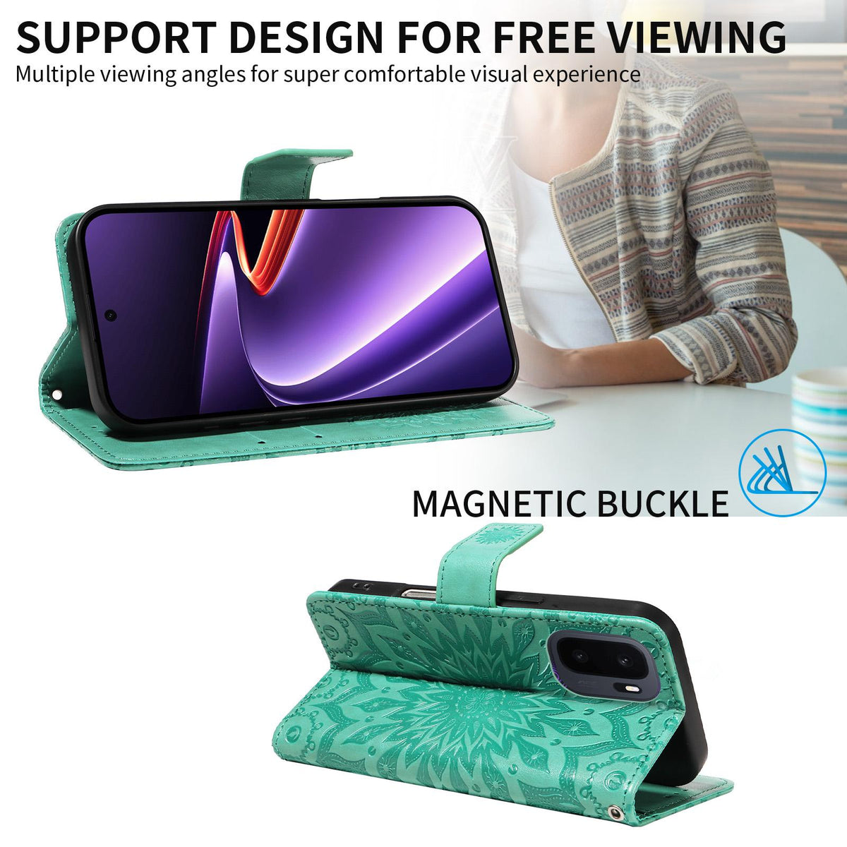 For OnePlus Ace 6 Ultra Embossed Sunflower Pattern Flip Leather Phone Case - Green - EDA008493505F