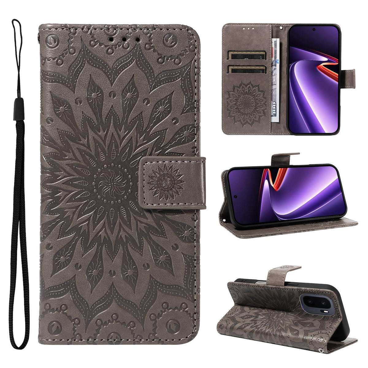 For OnePlus Ace 6 Ultra Embossed Sunflower Pattern Flip Leather Phone Case - Grey - EDA008493505G