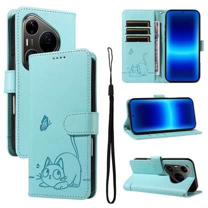 For Huawei Pura 90 Pro Max 5G Adorable Cat Embossed Pattern Flip Leather Phone Case - Green - EDA008494007A