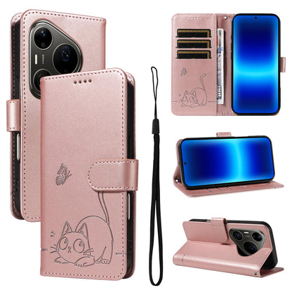 For Huawei Pura 90 Pro Max 5G Adorable Cat Embossed Pattern Flip Leather Phone Case - Rose Gold - EDA008494007B