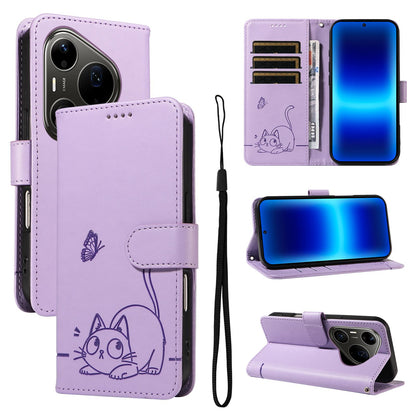 For Huawei Pura 90 Pro Max 5G Adorable Cat Embossed Pattern Flip Leather Phone Case - Purple - EDA008494007C