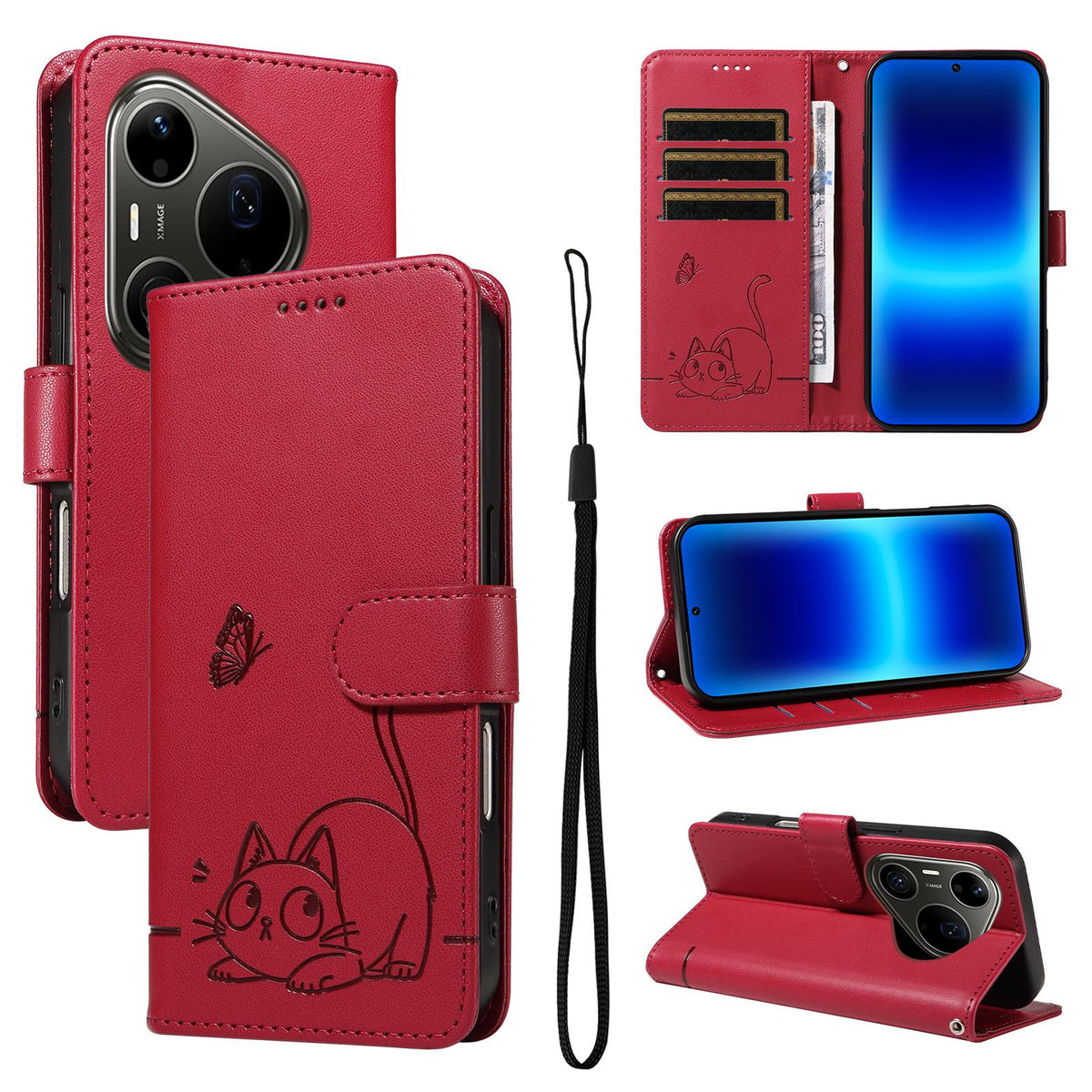 For Huawei Pura 90 Pro Max 5G Adorable Cat Embossed Pattern Flip Leather Phone Case - Red - EDA008494007D