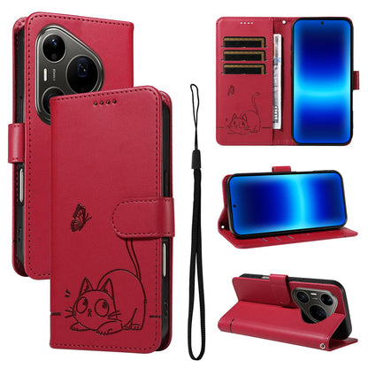 For Huawei Pura 90 Pro Max 5G Adorable Cat Embossed Pattern Flip Leather Phone Case - Red - EDA008494007D