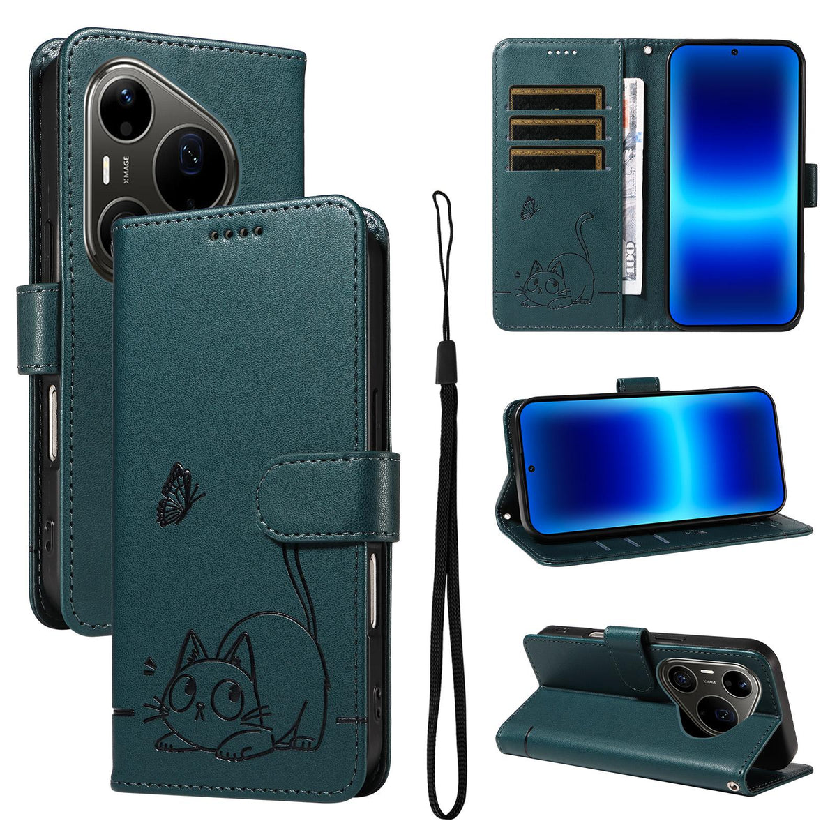 For Huawei Pura 90 Pro Max 5G Adorable Cat Embossed Pattern Flip Leather Phone Case - Dark Green - EDA008494007E