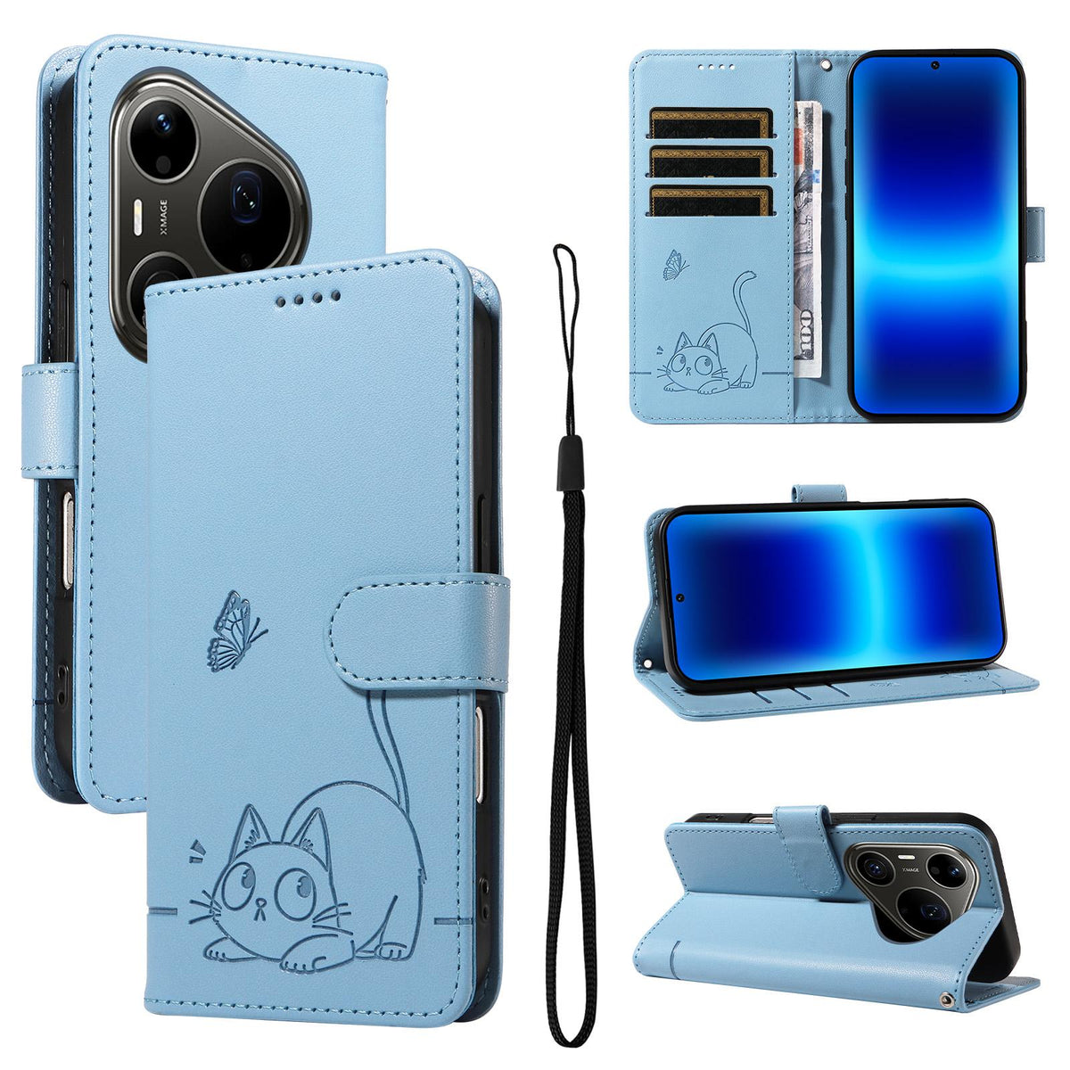 For Huawei Pura 90 Pro Max 5G Adorable Cat Embossed Pattern Flip Leather Phone Case - Sky Blue - EDA008494007F