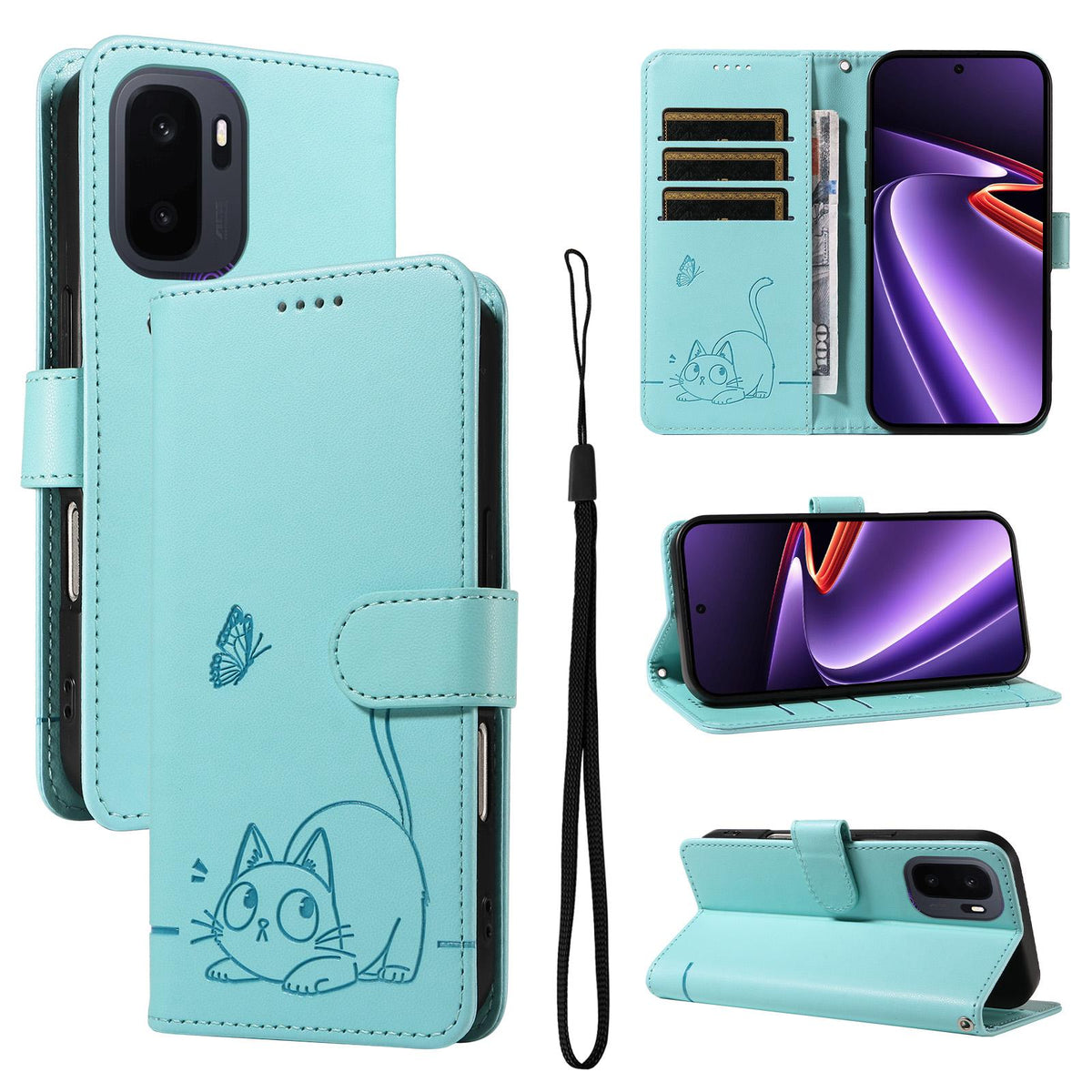 For OnePlus Ace 6 Ultra Adorable Cat Embossed Pattern Flip Leather Phone Case - Green - EDA008494105A