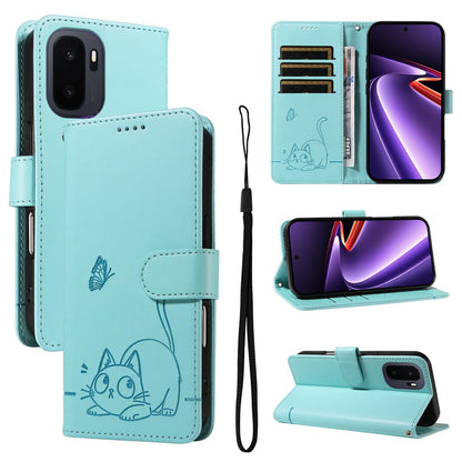 For OnePlus Ace 6 Ultra Adorable Cat Embossed Pattern Flip Leather Phone Case - Green - EDA008494105A