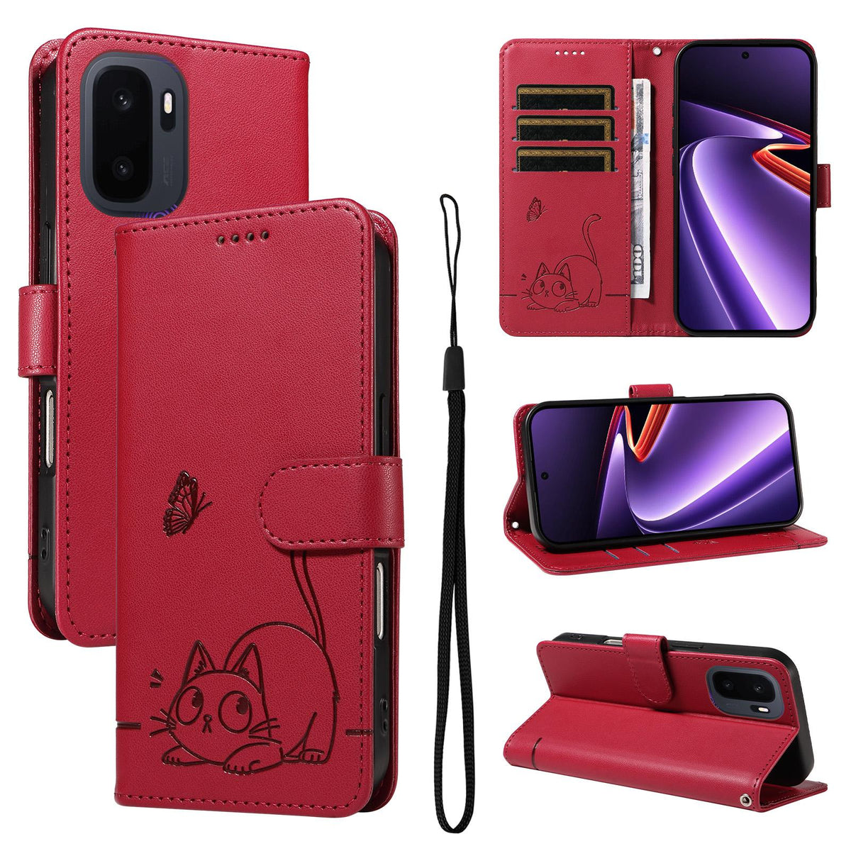For OnePlus Ace 6 Ultra Adorable Cat Embossed Pattern Flip Leather Phone Case - Red - EDA008494105D