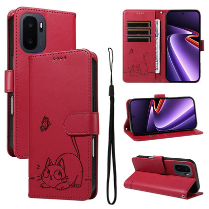 For OnePlus Ace 6 Ultra Adorable Cat Embossed Pattern Flip Leather Phone Case - Red - EDA008494105D