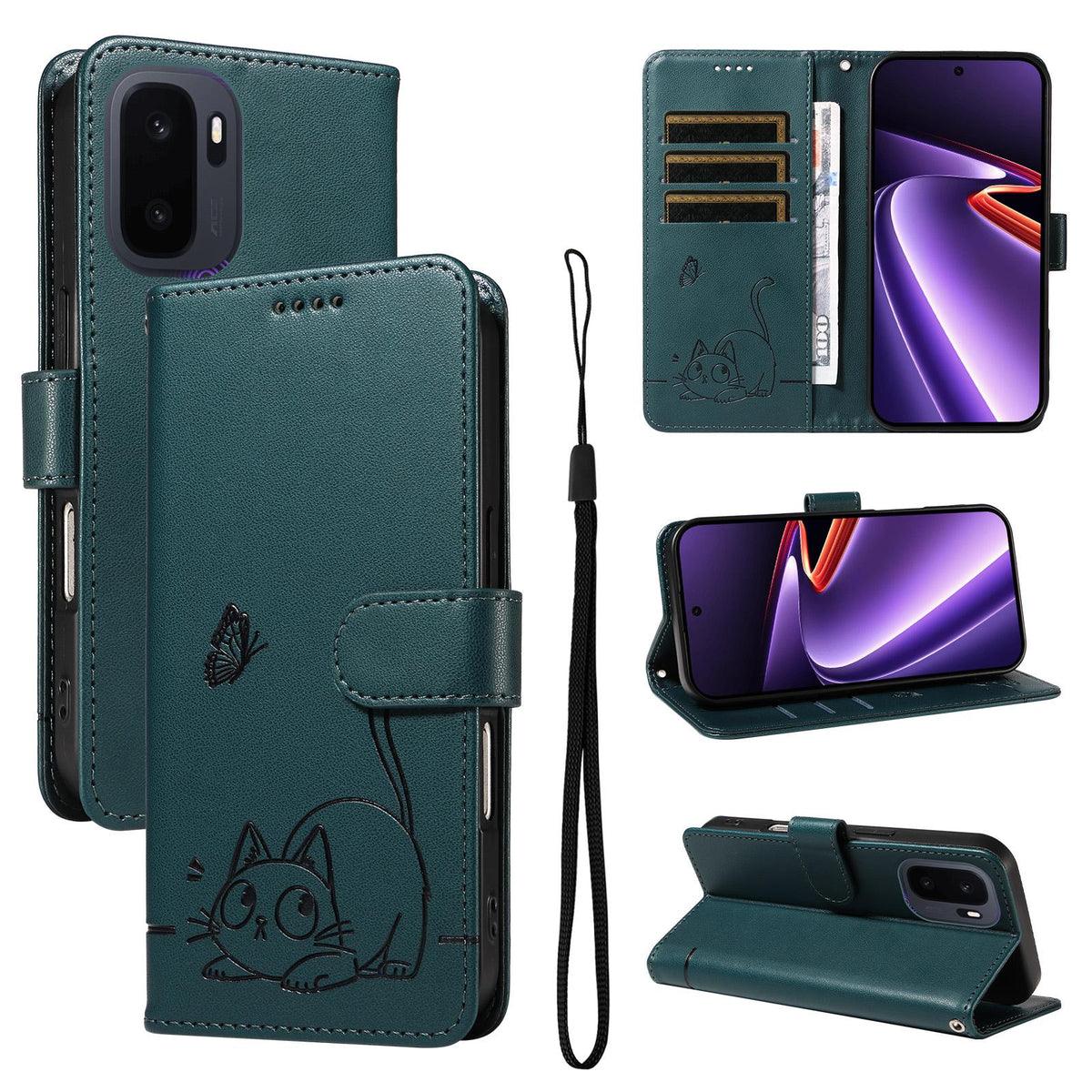 For OnePlus Ace 6 Ultra Adorable Cat Embossed Pattern Flip Leather Phone Case - Dark Green - EDA008494105E