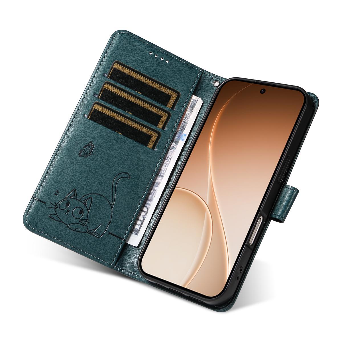 For OnePlus Ace 6 Ultra Adorable Cat Embossed Pattern Flip Leather Phone Case - Dark Green - EDA008494105E