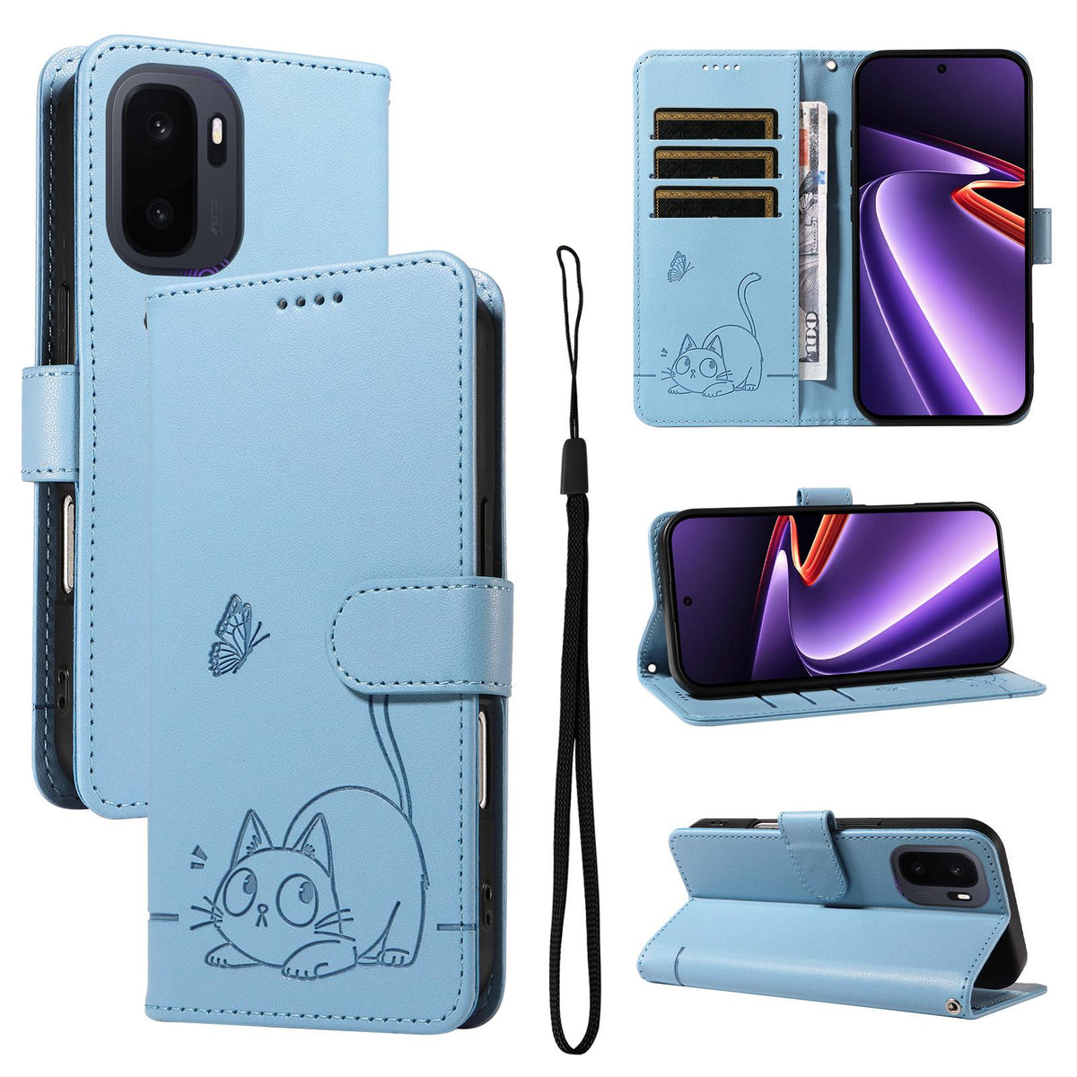For OnePlus Ace 6 Ultra Adorable Cat Embossed Pattern Flip Leather Phone Case - Sky Blue - EDA008494105F