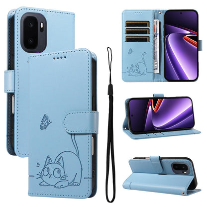 For OnePlus Ace 6 Ultra Adorable Cat Embossed Pattern Flip Leather Phone Case - Sky Blue - EDA008494105F