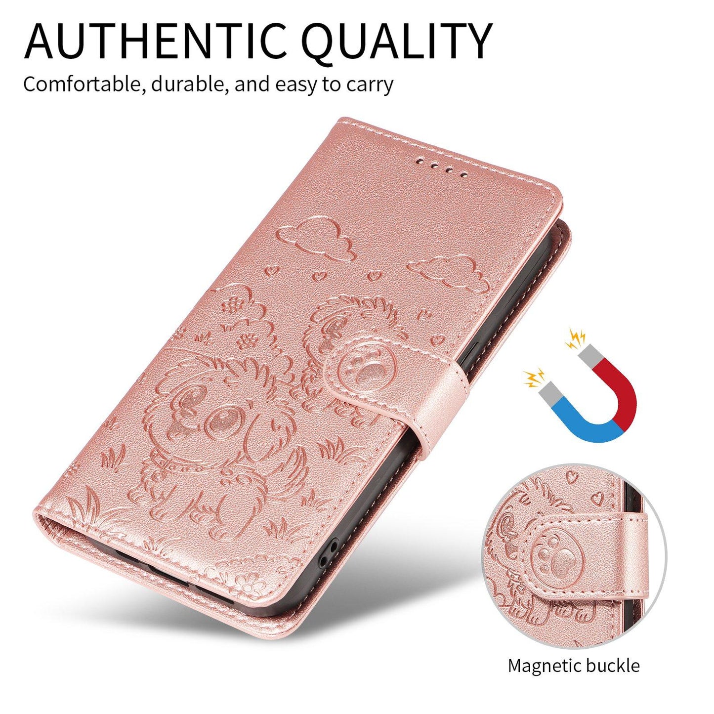 For Redmi K90 Pro Max / Poco F8 Ultra Embossed Heart Dog RFID Blocking Wallet Leather Phone Case(Rose Gold)