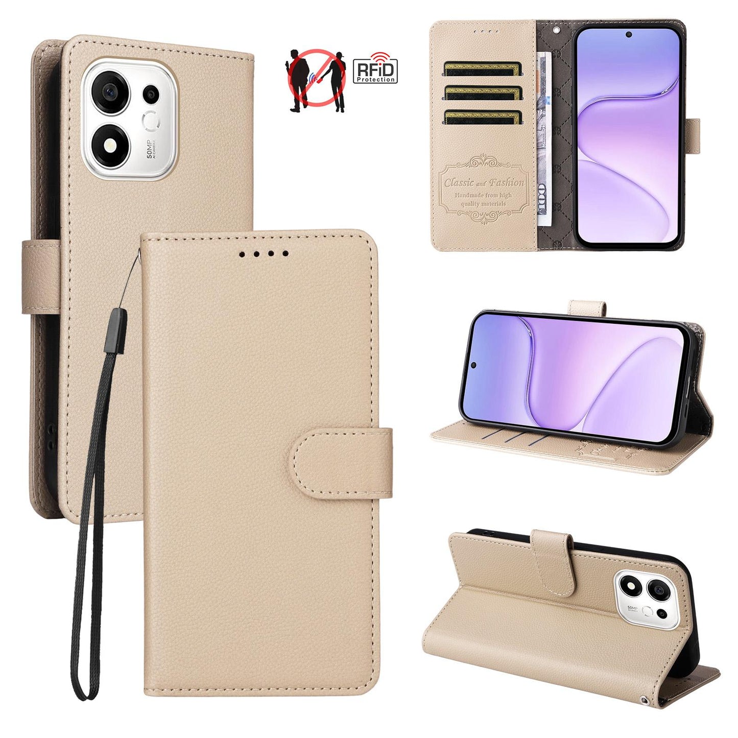 For Honor 600 Smart 5G Litchi Texture RFID Blocking 3-Card Wallet Leather Phone Case(Beige)