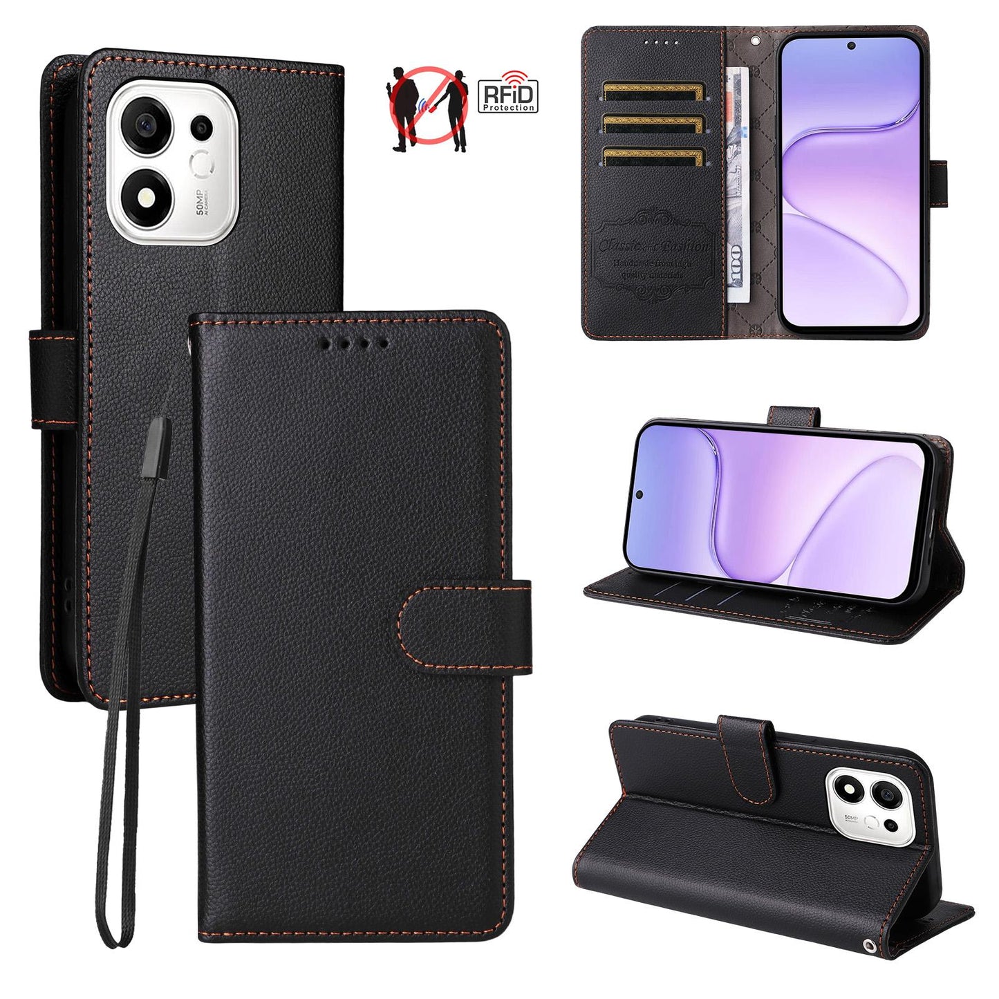 For Honor 600 Smart 5G Litchi Texture RFID Blocking 3-Card Wallet Leather Phone Case(Black)