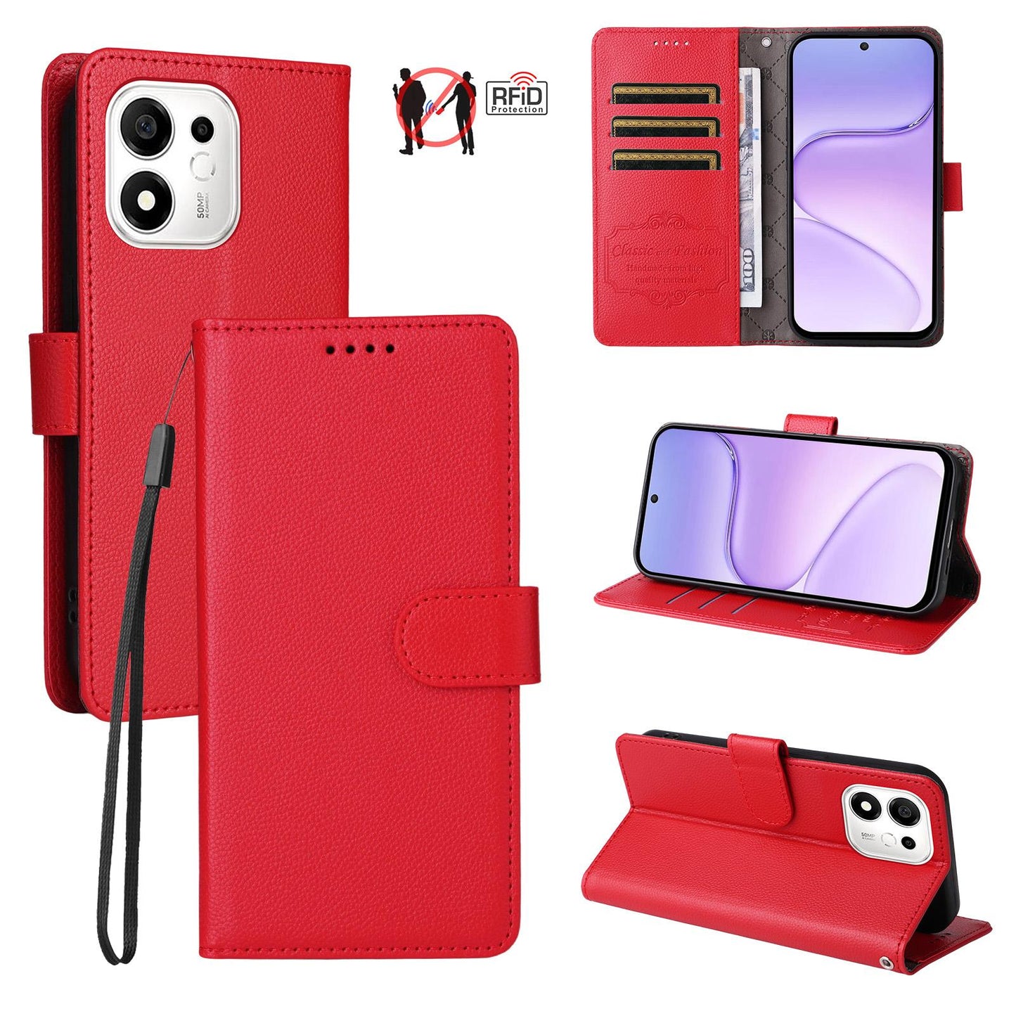 For Honor 600 Smart 5G Litchi Texture RFID Blocking 3-Card Wallet Leather Phone Case(Red)