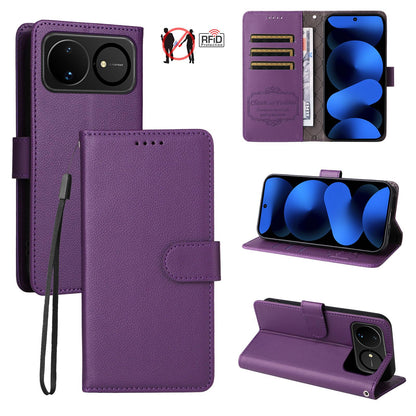 For Huawei nova 16 Litchi Texture RFID Blocking 3-Card Wallet Leather Phone Case(Purple)