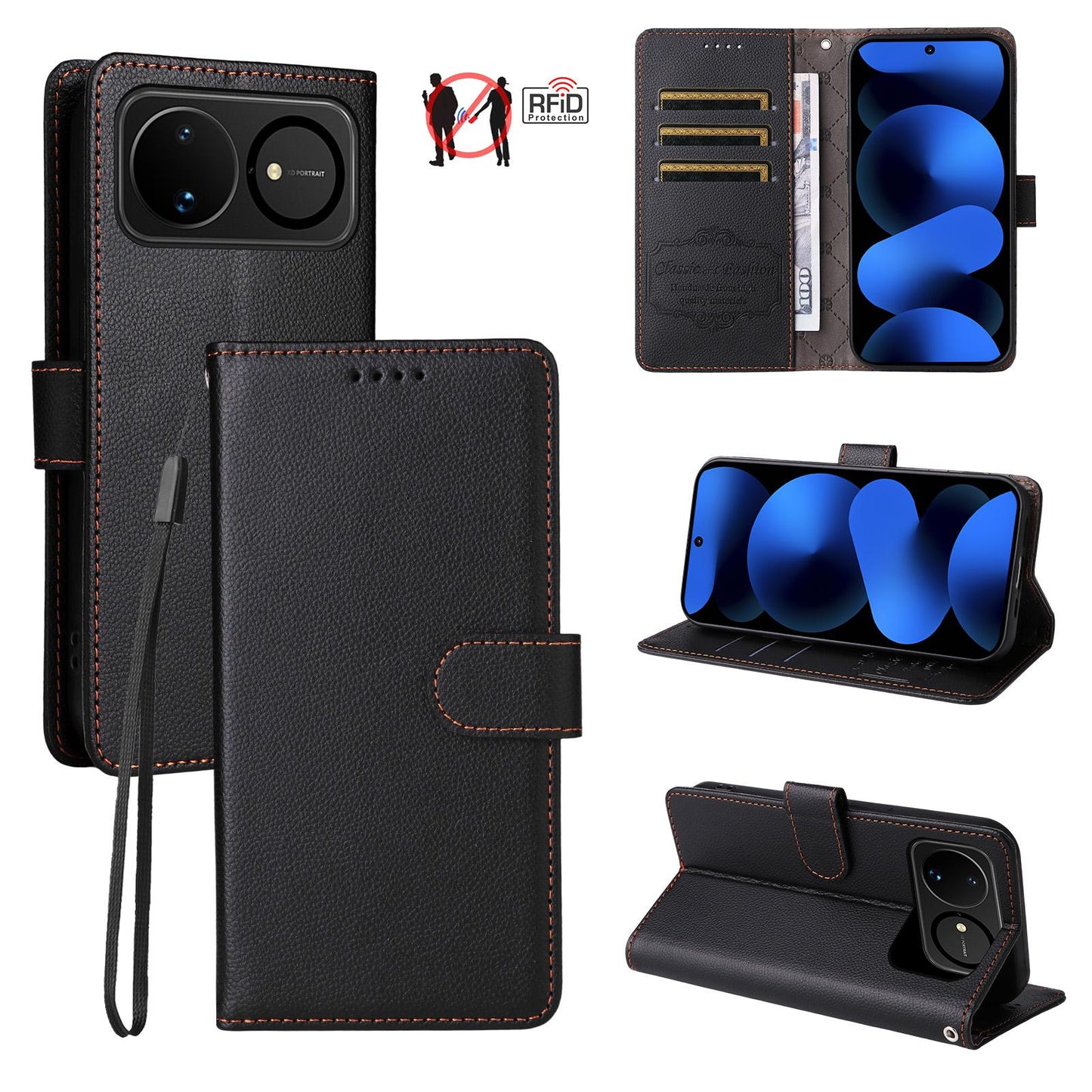 For Huawei nova 16 Litchi Texture RFID Blocking 3-Card Wallet Leather Phone Case(Black)