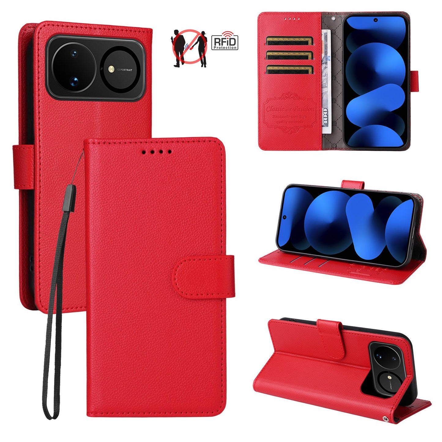 For Huawei nova 16 Litchi Texture RFID Blocking 3-Card Wallet Leather Phone Case(Red)