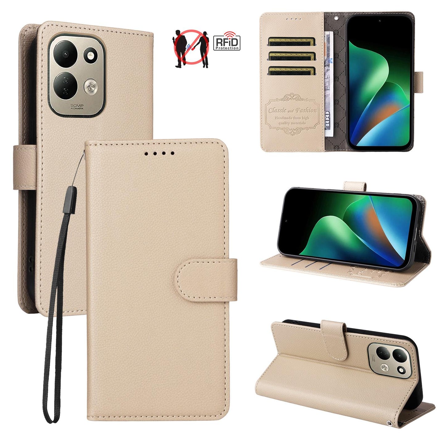 For Redmi 17 5G / 4G Global 170mm Litchi Texture RFID Blocking 3-Card Wallet Leather Phone Case(Beige)