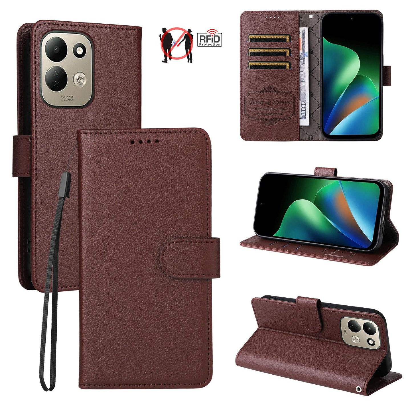 For Redmi 17 5G / 4G Global 170mm Litchi Texture RFID Blocking 3-Card Wallet Leather Phone Case(Brown)