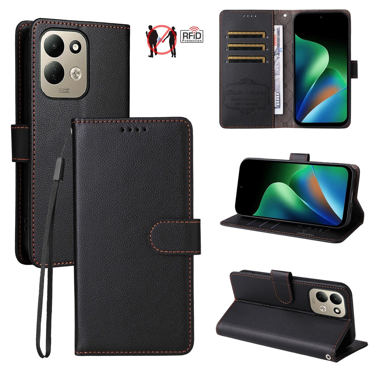 For Redmi 17 5G / 4G Global 170mm Litchi Texture RFID Blocking 3-Card Wallet Leather Phone Case(Black)