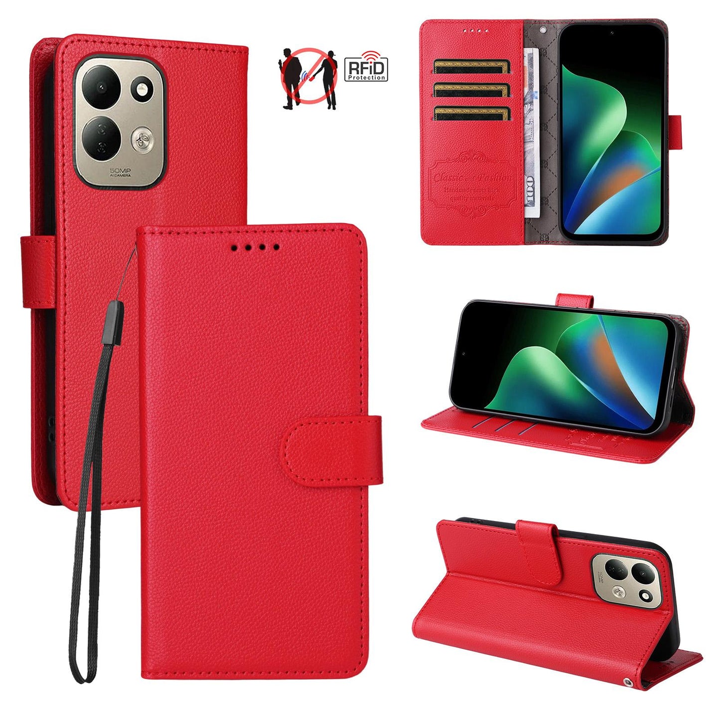 For Redmi 17 5G / 4G Global 170mm Litchi Texture RFID Blocking 3-Card Wallet Leather Phone Case(Red)