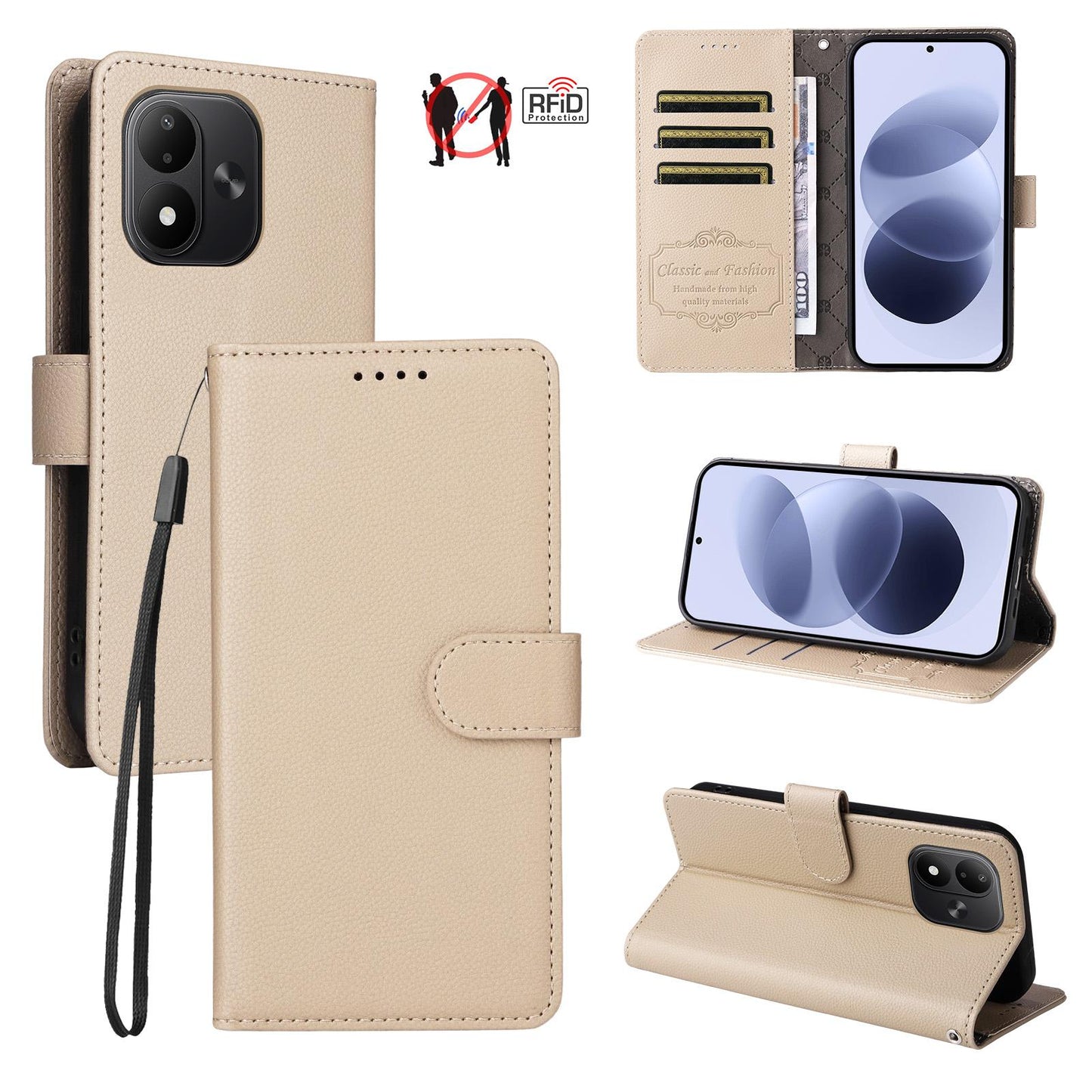 For Redmi Note 17 5G / 4G Global 171mm Litchi Texture RFID Blocking 3-Card Wallet Leather Phone Case(Beige)