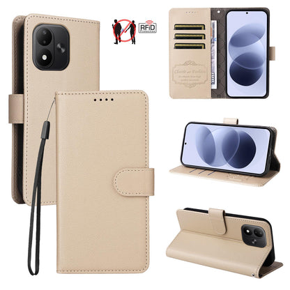 For Redmi Note 17 5G / 4G Global 171mm Litchi Texture RFID Blocking 3-Card Wallet Leather Phone Case(Beige)